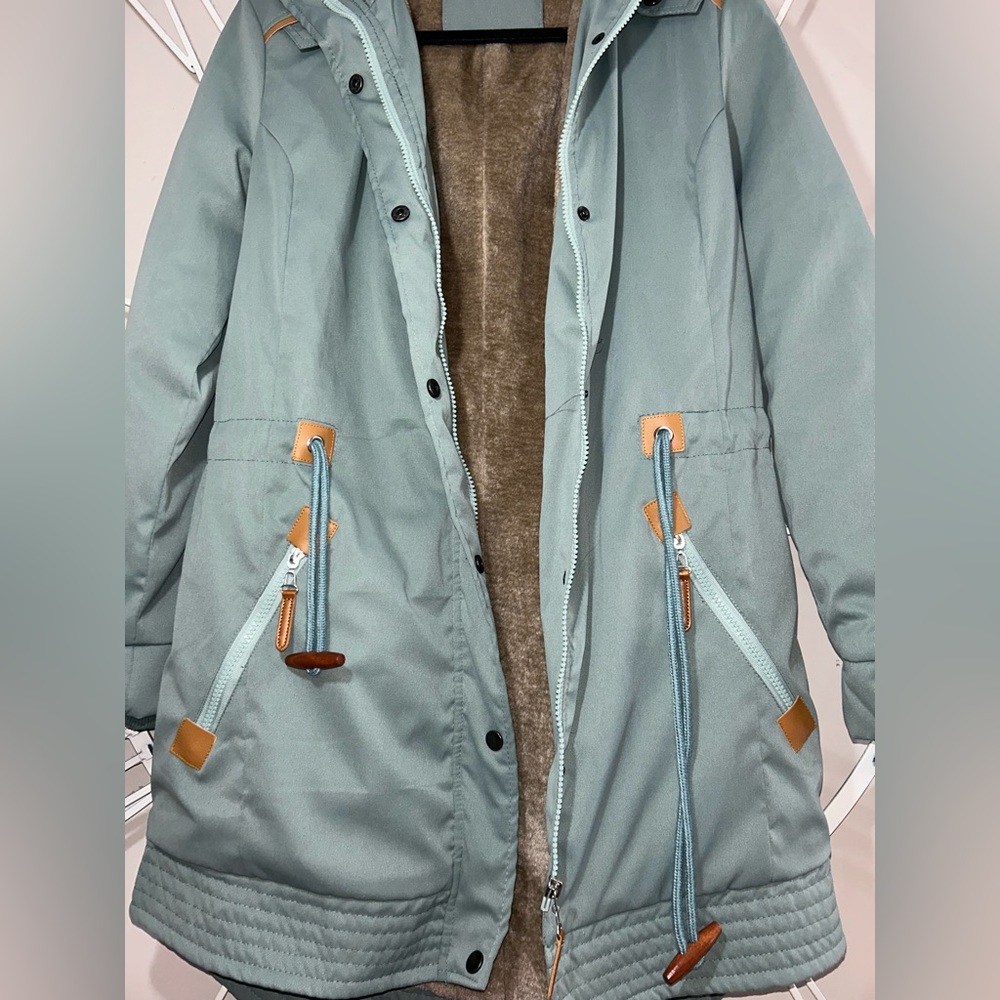 Light Teal Women's Parka Jacket with Faux Fur Lining - Picture 2 of 6
